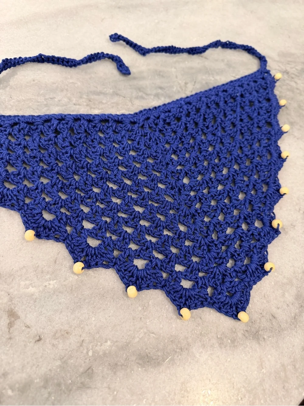 Handmade Crochet Wood Beaded Kerchief Head Scarf Cotton Boho Bandana Cottagecore